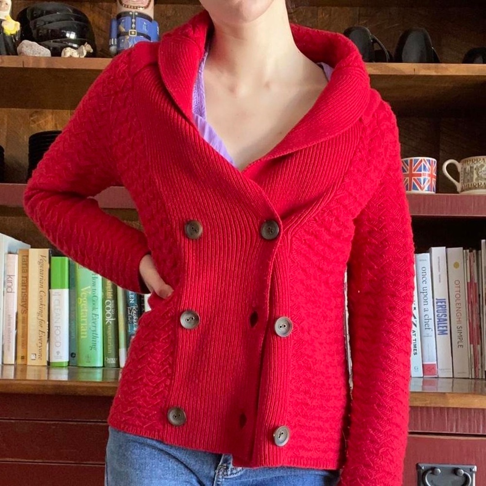 Anthropologie Robin Double Breasted Red Cardigan